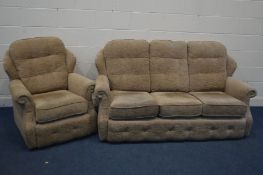 A LIGHT BROWN G PLAN TWO PIECE LOUNGE SUITE, comprising a three seat settee and an armchair (2)