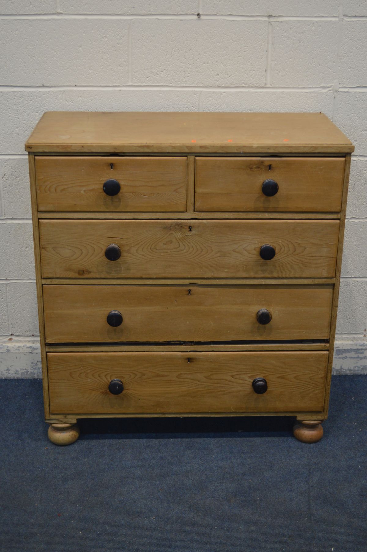A VICTORIAN PINE CHEST OF TWO SHORT OVER THREE LONG DRAWERS, with turned handles, and flat bun feet, - Image 2 of 2