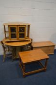 A BEECH AND WICKER DROP LEAF KITCHEN TABLE, two chairs, along with a pine corner tv stand, beech