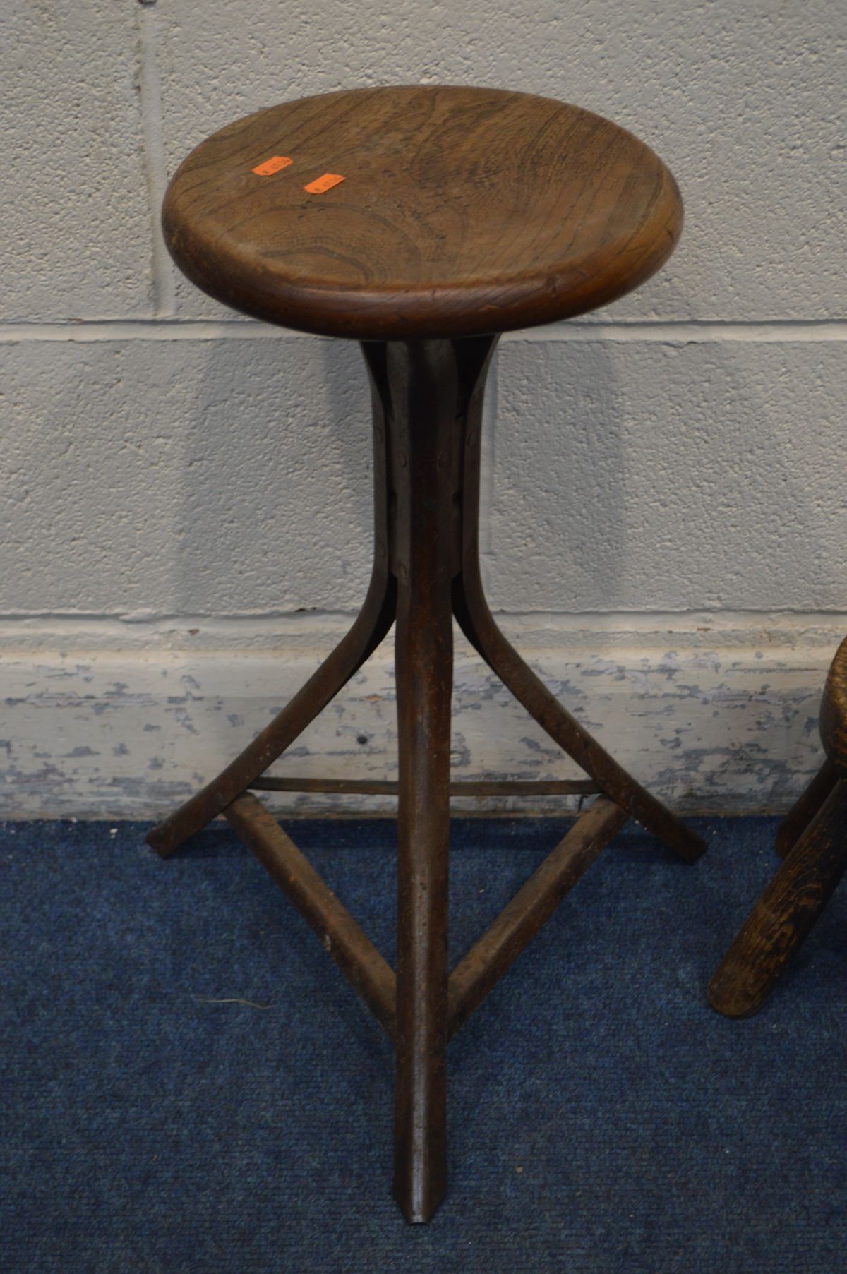 AN INDUSTRIAL OAK TOPPED STOOL, height 56cm and an elm five legged milking stool (2) - Image 2 of 4