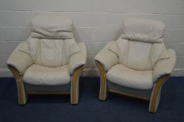 A PAIR FJORDS HJELLEGJERDE ALFA 510 FS31 CREAM LEATHER RECLINING CHAIRS