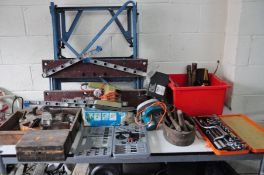 A VINTAGE BLACK AND DECKER WORKMATE, a Draper socket set, a tray of tools including hammers,