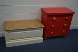 A PINE AND PARTIALLY PAINTED BLANKET CHEST, width 92cm and a red finish chest of three drawers