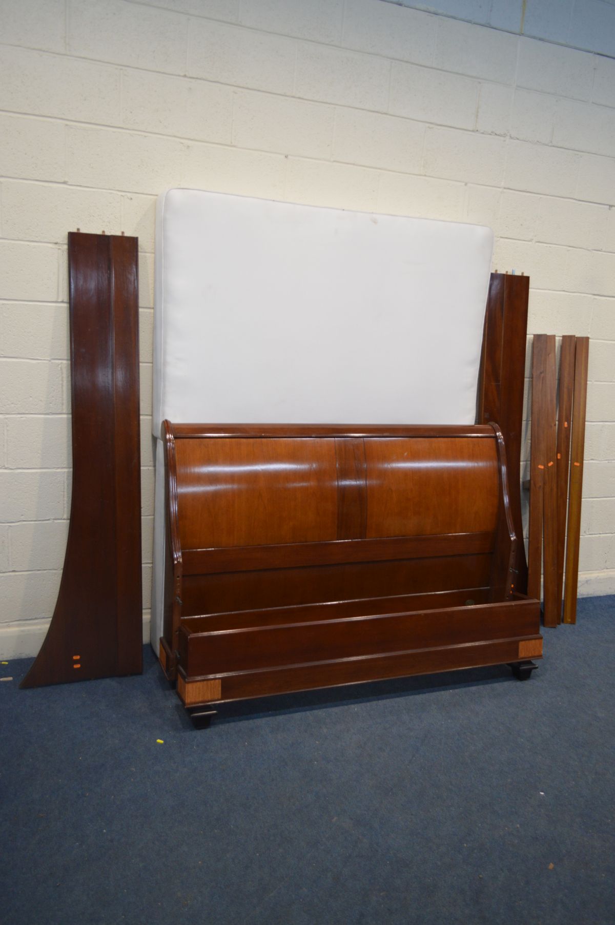 AN 'AND SO TO BED, LONDON' CHERRYWOOD 5FT SLEIGH BEDSTEAD, with side rails, supports, platform