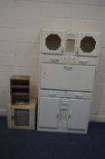 A PAINTED VINTAGE KITCHEN CABINET, width 92cm x depth 43cm x height 176cm, a painted meat safe and