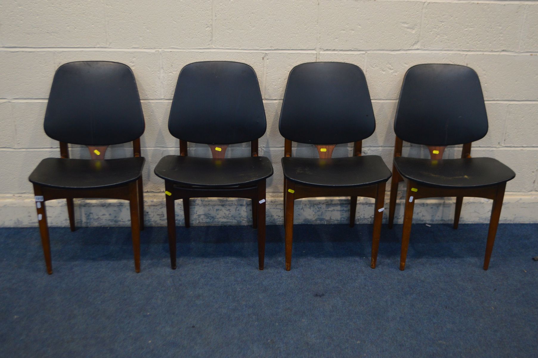 A SET OF FOUR ELLIOTS OF NEWBURY TEAK DINING CHAIRS, with black leatherette seat pads (one loose