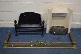 A CAST IRON FIRE BASKET, width 61cm, a concrete chimney insert with cast iron basket, and a brass