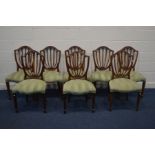 A SET OF EIGHT MAHOGANY HEPPLEWHITE CANDLESTICK BACK DINING CHAIRS (Sd to finish)