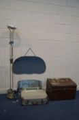 A VINTAGE TIN TRUNK, a suitcase, two wall mirrors, a brassed uplighter and a stainless steel