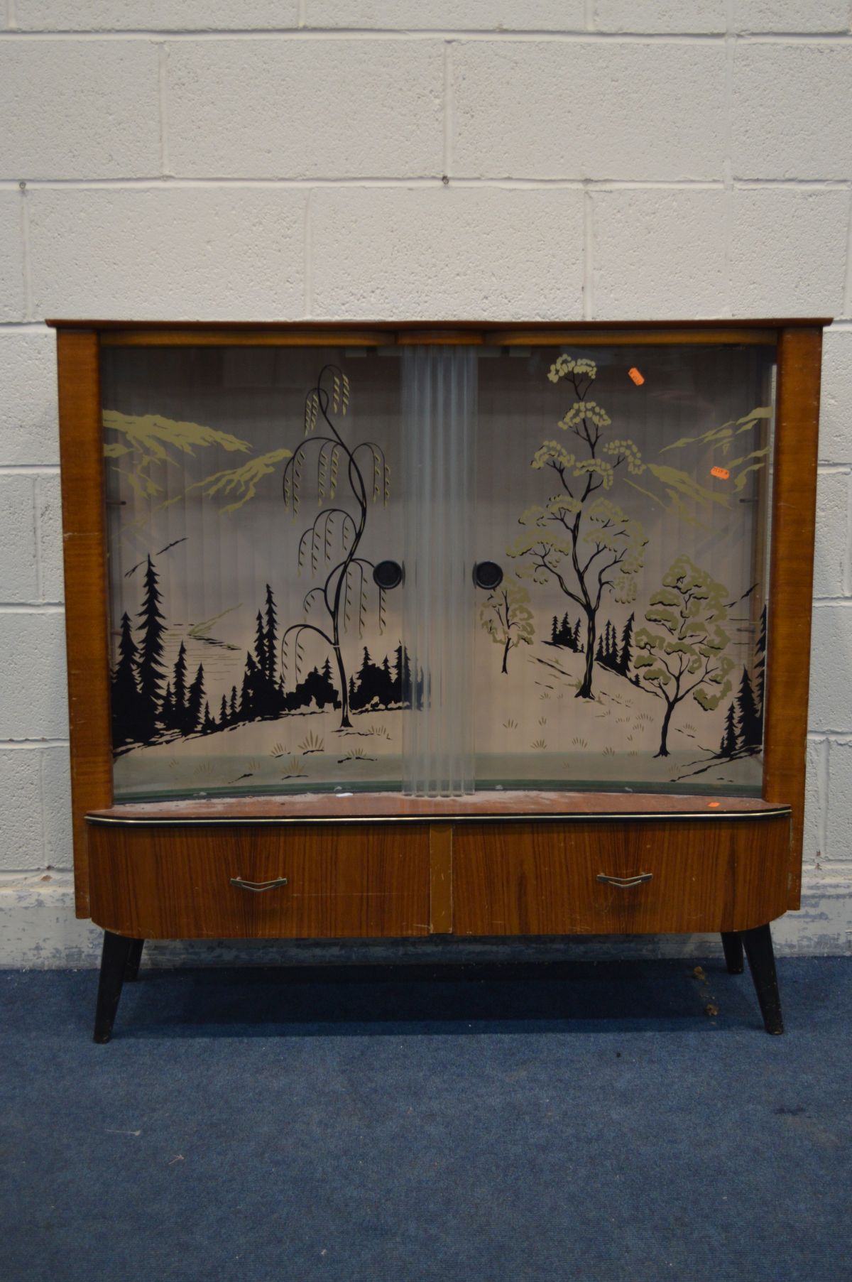 A RETRO TEAK CHINA CABINET, decorated glass doors of a woodland scene, above two drawers, width - Image 2 of 2