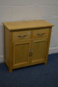 A LIGHT OAK SIDE TABLE, with two drawers, width 80cm x depth 35cm x height 81cm