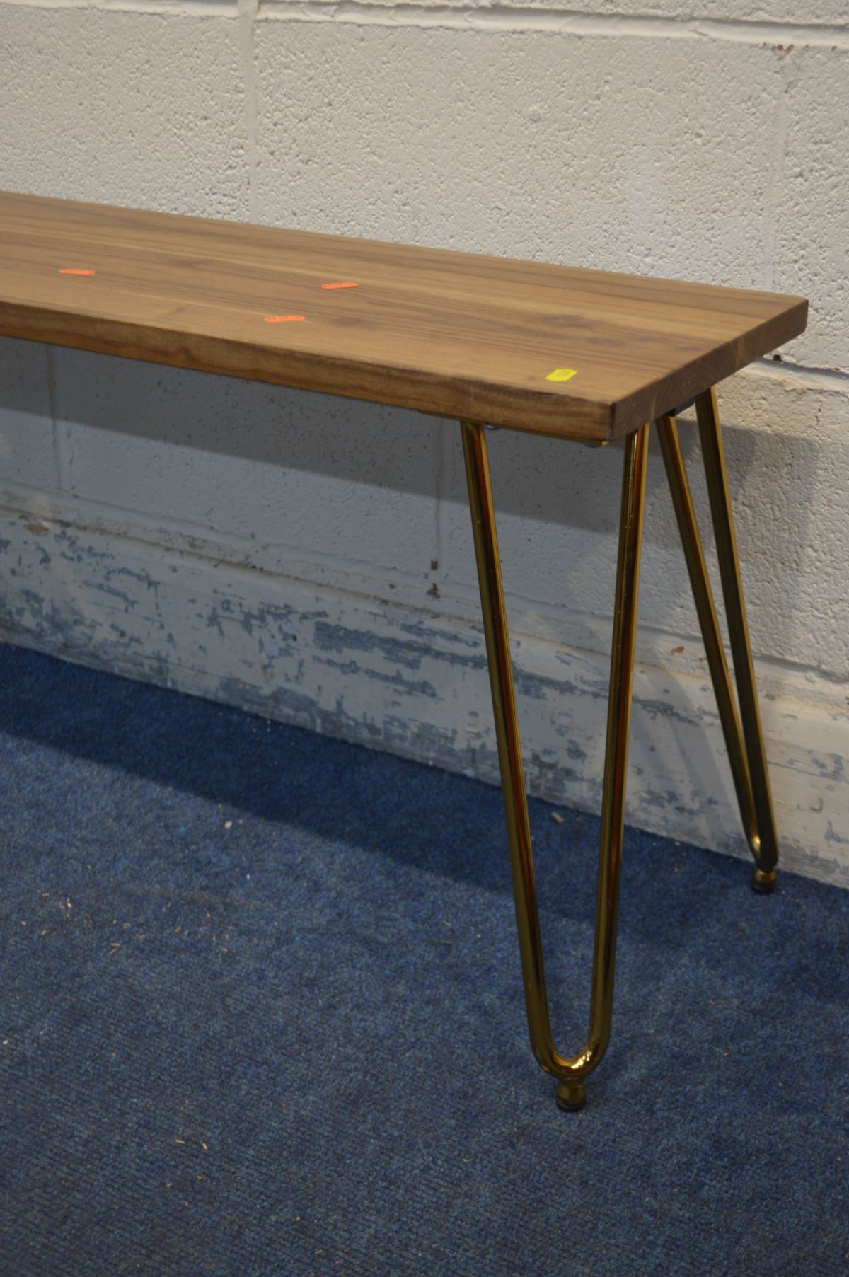 A PAIR OF MODERN OAK BENCHES, on brassed hairpin legs - Image 2 of 3