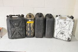 FIVE VINTAGE PLASTIC WATER CONTAINERS Est 20L capacity (contaminated with fuel) (5)