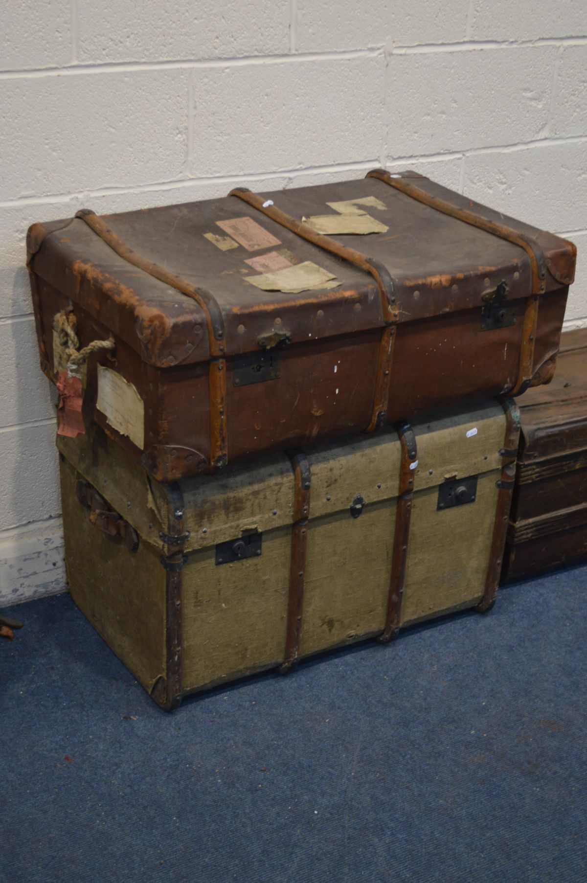 THREE VINTAGE TRUNKS, to include a fabric and wooden trunk, tin trunk, etc (Sd) along with two - Image 2 of 4
