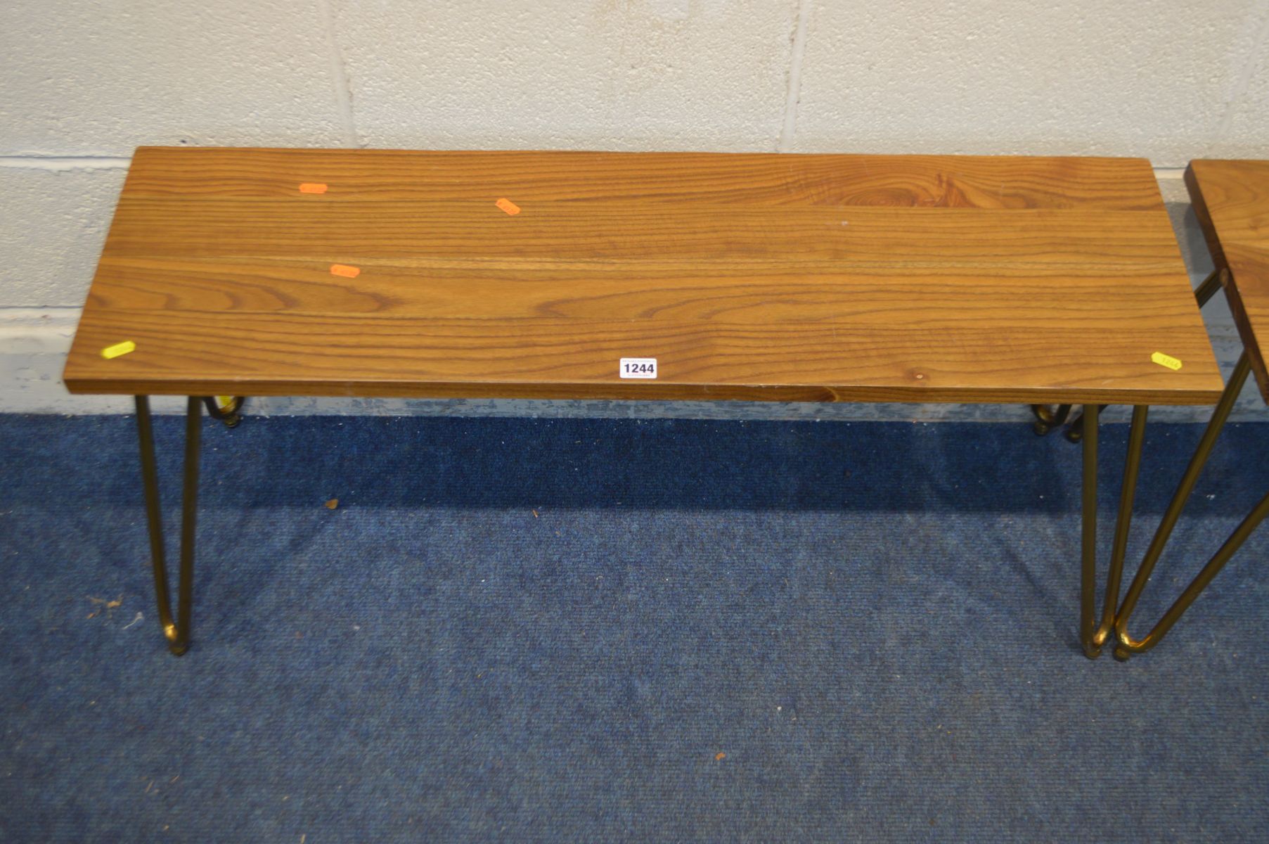 A PAIR OF MODERN OAK BENCHES, on brassed hairpin legs - Image 3 of 3