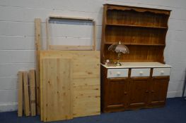 A PINE DRESSER, partially painted cream, width 136cm x depth 40cm x height 189cm, along with a beech