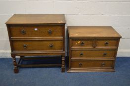 AN OAK CHEST OF TWO DRAWERS on a stand, width 83cm x depth 47cm x height 86cm and a chest of four