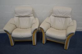 A PAIR FJORDS HJELLEGJERDE ALFA 510 FS31 CREAM LEATHER RECLINING CHAIRS