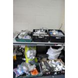 FIVE TRAYS AND THREE BAGS CONTAINING PLUMBING SUPPLIES including Bottle Traps, waste pipe joints,