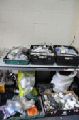 FIVE TRAYS AND THREE BAGS CONTAINING PLUMBING SUPPLIES including Bottle Traps, waste pipe joints,