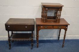 AN EDWARDIAN MAHOGANY SIDE TABLE, with two drawers, width 84cm x depth 47cm x height 76cm, and an