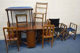 AN OAK GATE LEG TABLE, four chairs, a folding bridge games table, two vintage folding directors