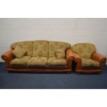 A BROWN LEATHER AND UPHOLSTERED TWO PIECE LOUNGE SUITE, comprising a three seater settee, width