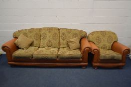 A BROWN LEATHER AND UPHOLSTERED TWO PIECE LOUNGE SUITE, comprising a three seater settee, width