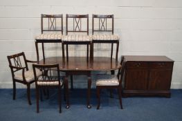 A MAHOGANY GATE LEG TABLE, six chairs including one carver and a two door cabinet (8)