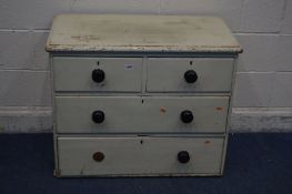 A PAINTED VICTORIAN CHEST OF TWO SHORT OVER TWO LONG DRAWERS, width 88cm x depth 47cm x height