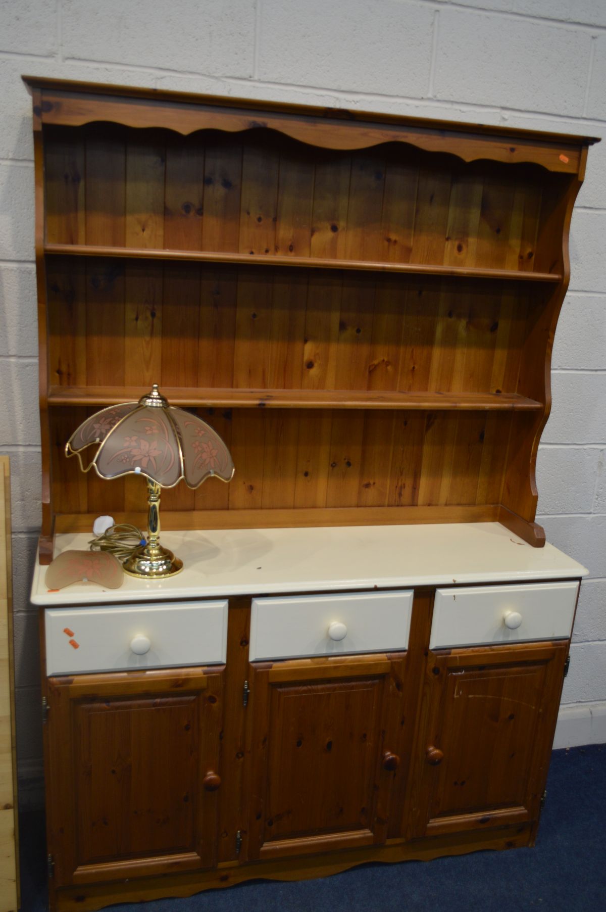 A PINE DRESSER, partially painted cream, width 136cm x depth 40cm x height 189cm, along with a beech - Image 3 of 4
