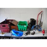 TWO TRAYS AND A WOODEN BOX CONTAINING HANDTOOLS including Stanley Chisels, two vices, a mitre saw,