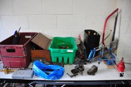 TWO TRAYS AND A WOODEN BOX CONTAINING HANDTOOLS including Stanley Chisels, two vices, a mitre saw,