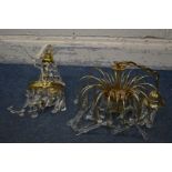 TWO VARIOUS BRASS CEILING LIGHTS with glass droppers