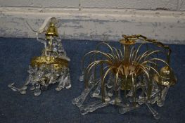 TWO VARIOUS BRASS CEILING LIGHTS with glass droppers