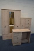 AN ALSTONS THREE PIECE BEDROOM SUITE, comprising a wardrobe with a central mirror, above two