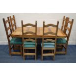 A HARDWOOD DINING TABLE, length 160cm x depth 100cm x height 76cm and six chairs (7)