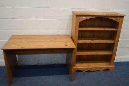 A MODERN PINE DESK, width 120cm x depth 70cm x height 74cm along with a pine open bookcase, width