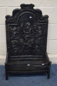 A 20TH CENTURY CAST IRON FIRE BASKET AND BACK, depicting Neptune, width 56cm x depth 35cm x height