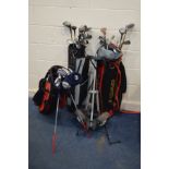 A THREE VARIOUS GOLF BAGS, one with a stand, containing various clubs including Mustang, etc