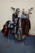 A THREE VARIOUS GOLF BAGS, one with a stand, containing various clubs including Mustang, etc