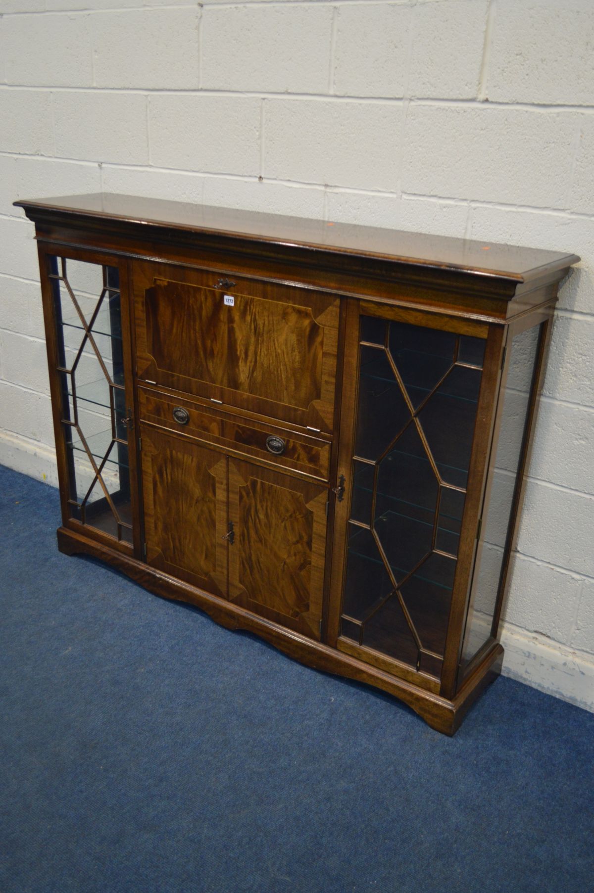 A MAHOGANY SIDE BY SIDE DISPLAY/DRINKS CABINET, with two single doors flanking a fall front section, - Image 2 of 3