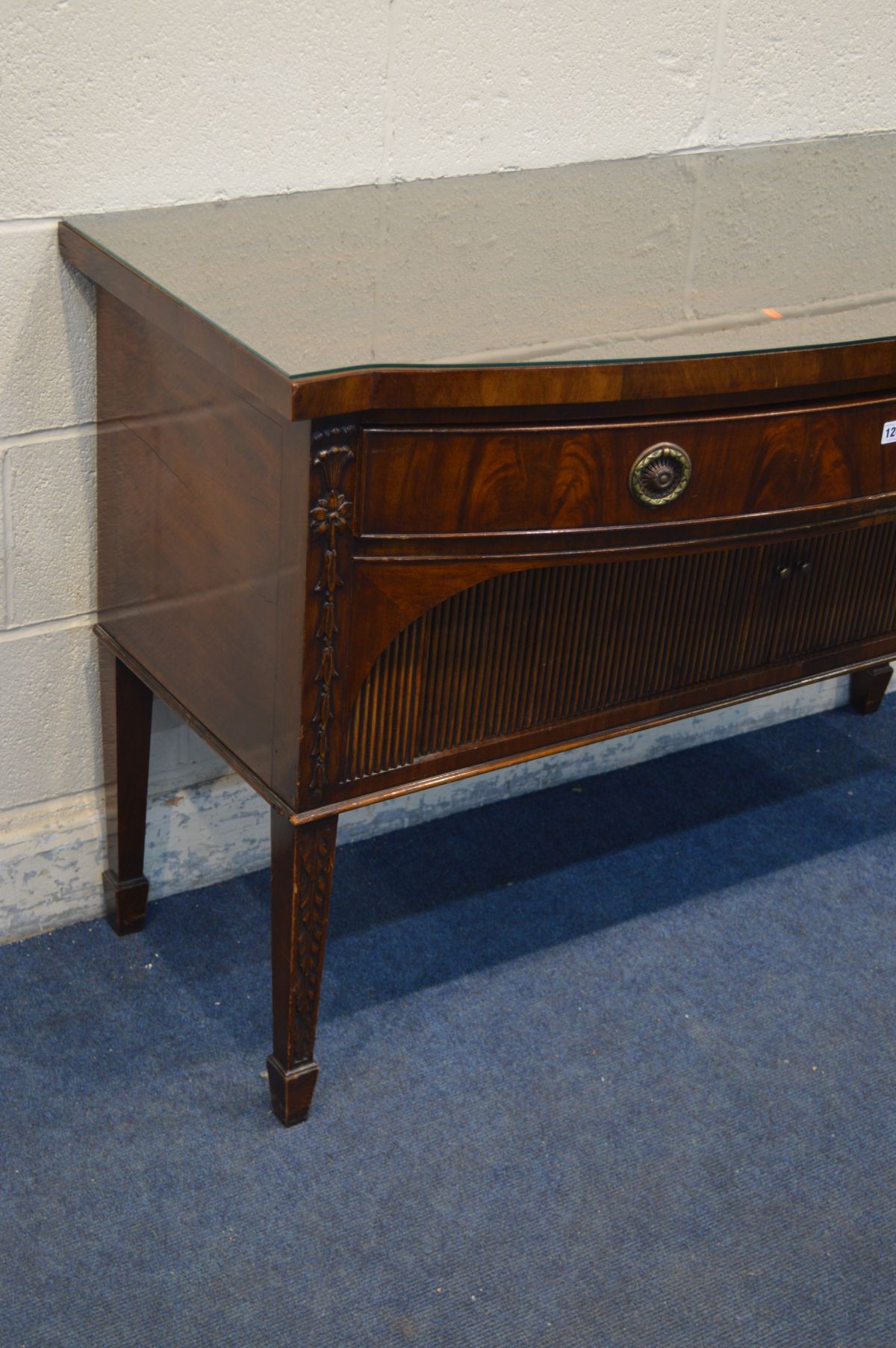 A GILL AND REIGATE OF LONDON MAHOGANY BOW FRONT SIDEBOARD/SERVING TABLE, with a single frieze - Image 2 of 5