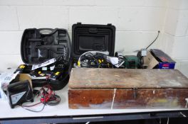 A COLLECTION OF POWER TOOLS AND ACCESSORIES including a Direct power Cordless 20V drill with charger