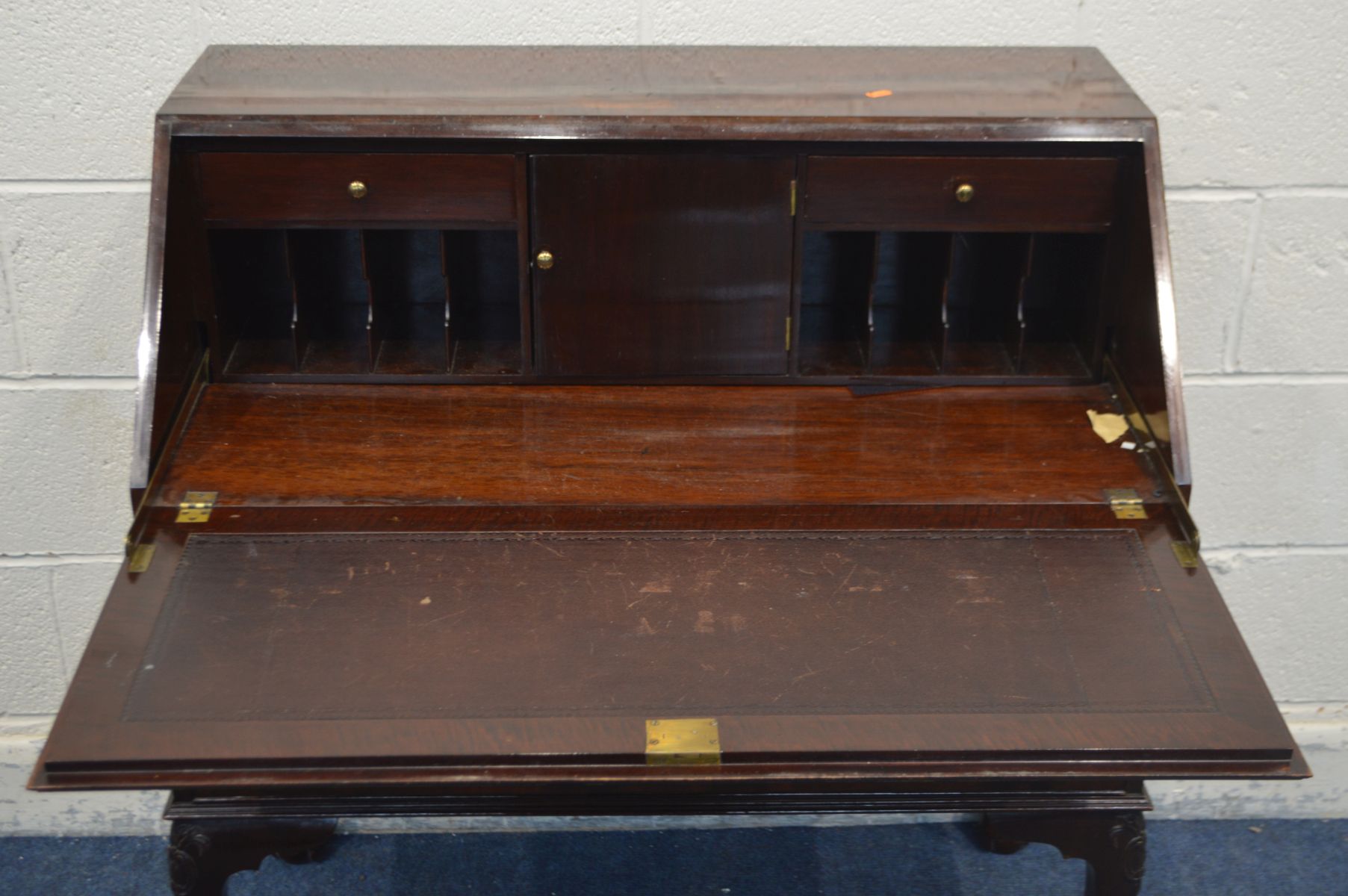 A MAHOGANY LADIES BUREAU with a fitted interior, three various drawers, on cabriole legs and ball - Image 2 of 2