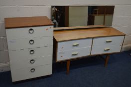 A TEAK FINISH AND WHITE DRAWER FRONTED DRESSING TABLE, four drawers and rectangular mirror, width