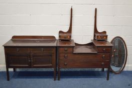 AN EDWARDIAN MAHOGANY AND STRUNG INLAID TWO PIECE BEDROOM SUITE, comprising a dressing table with