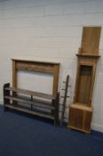 AN OAK LONGCASE CLOCK TRUNK, in the Georgian style, along with a pine fire surround, width 132cm x