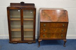 AN EARLY TO MID 20TH CENTURY WALNUT BUREAU with three drawers on cabriole legs, width 76cm x depth