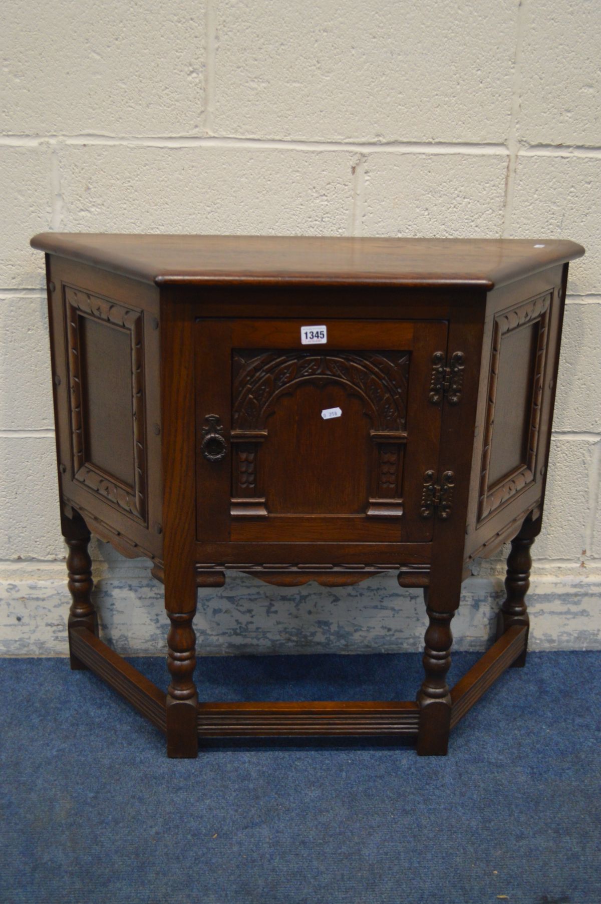 AN OLD CHARM CANTED SINGLE DOOR CREDENCE CABINET, width 81cm x depth 33cm x height 71cm (missing